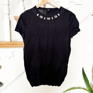 Stile Benetton Embellished Collar Short Sleeve Crew Neckline Black Top Size M